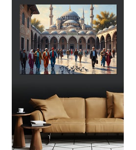 Tarihi Camii Avlusunda İnsan Kalabalığı Dekoratif Kanvas - Mdf Ahşap Tablo