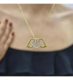 Melek Kanatı Kalp 925 Ayar Gümüş Zirkon Taşlı Gold Kaplama Kolye (Karışık)