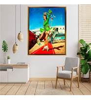Tablore Vintage Pin Up Kadın Ve Uçak Görselli Retro Tablo Çerçeveli Kanvas Tablo Modern Salon Dekoru