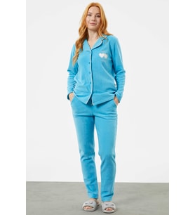 Gömlek Yaka Düğmeli Polar Pijama Takım - Mavi