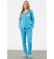Gömlek Yaka Düğmeli Polar Pijama Takım - Mavi