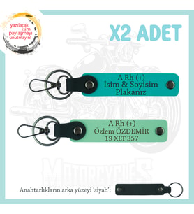 Tek Teker, İsim Plaka ve A Rh (+) Kan Grubu Yazılı x2 Deri Anahtarlık Hediyelik, Yeşil-K Turkuaz-Syh