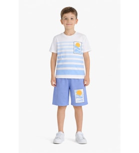 İndigo Çizgi Desenli Summer Baskı Erkek Çocuk Şortlu Tişörtlü Takım 23785