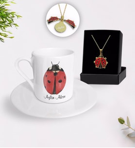 BK Gift Kişiye Özel Uğur Böceği Temalı Türk Kahvesi Fincanı ve Açılan Uğur Böceği Kolye Hediye Seti-3 (Model 1)