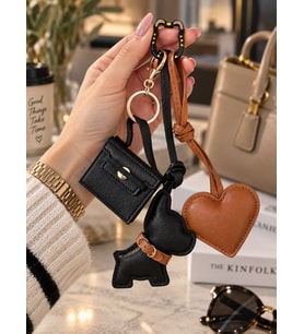 Siyah Köpek Figürlü Çanta Charm Mini Çanta ve Kalp Detaylı Bag Charm Çanta Süsü Anahtarlık