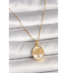 316L Çelik Gold Renk Zincir Zirkon Taş Detaylı Beyaz Mineli Ağaç İşlemeli Por - HEP-5948-557