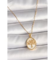 316L Çelik Gold Renk Zincir Zirkon Taş Detaylı Beyaz Mineli Ağaç İşlemeli Por - HEP-5948-557