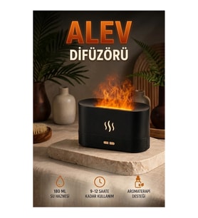 180 ML Ultrasonik Aroma Difüzörü – Dekoratif Alev Efektli Siyah Hava Nemlendirici