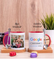 Geline Hediye Google Tasarım Fotoğraflı Ahşap Altlıklı Kırmızı Kupa