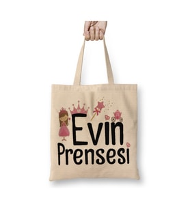 Evim Prensesi 02 Kız Çocuk Beyaz Bez Çanta Uzun Saplı Alışveriş Çantası Plaj Çantası