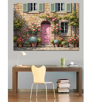 Çiçekli Balkon Ve Pembe Kapı Dekoratif Kanvas - Mdf Ahşap Tablo
