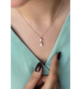 İkili Yuvarlak Beyaz Taşlı 925 Ayar Gümüş Kolye-Rose
