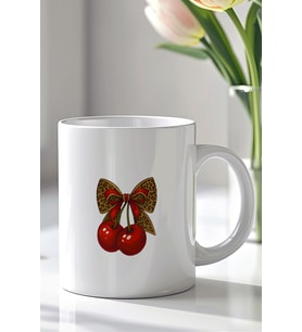 Leopar Fiyonk ve Kiraz Desenli 330ml Baskılı Beyaz Seramik Kupa Bardak