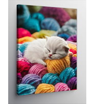 Kanvas Tablo Renkli Yünlerde Uyuyan Kedi