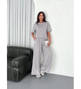 Osy Modal Yumuşak Dokulu Kumaş Bisiklet Yaka T-shirt Bol Paça Pantalon Ikili Takım - Boyalı Gri