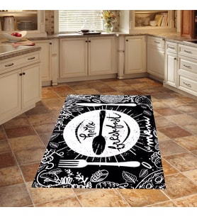Kitchen Hello Breakfast Dijital Baskılı Kaymaz Taban Yıkanabilir Leke Tutmaz Mutfak Halısı (Beyaz)