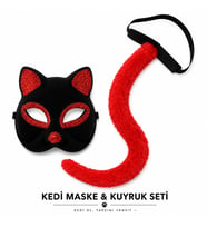 Kırmızı Kedi Maske ve Kuyruk Seti Parti Kostüm Aksesuarı