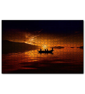Cakapuzzle Günbatımı Göldeki Sandal ve 4 Adam  Puzzle Yapboz MDF (Ahşap) (120 Parça)