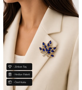 Hediye Saks Mavisi Taşlı Yaprak Kadın Broş Altın Renk Premium Tasarım Rozet