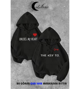 Sevgili Çift Kombin Key to Yazı Baskılı Renk Kapüşonlu Sweatshirt 2li Set Takım (Siyah)