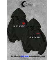 Sevgili Çift Kombin Key to Yazı Baskılı Renk Kapüşonlu Sweatshirt 2li Set Takım (Siyah)