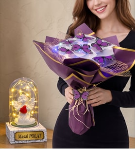 Size Özel Led Işıklı Fanus ve Renkli Led Işıklı Kelebek Buketi (Model 2)