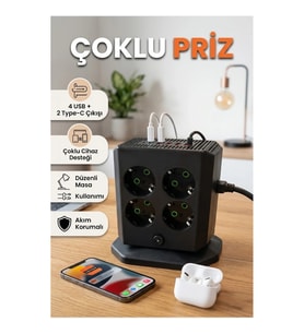 8'li Dikey Çoklu Priz – 4 USB ve 2 Type-C Girişli Akım Korumalı Uzatma Prizi