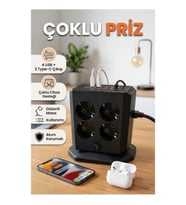 8'li Dikey Çoklu Priz – 4 USB ve 2 Type-C Girişli Akım Korumalı Uzatma Prizi