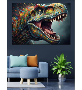 Renkli Dinozor T-Rex Başı Dekoratif Kanvas - Mdf Ahşap Tablo
