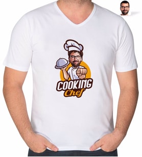 BK Gift Kişiye Özel Erkek Chef Karikatürlü V Yaka Tişört-15 (Beyaz)