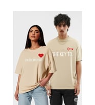 Unisex Kadın Erkek The Key To Çift Sevgili T-shirt 2'li Set Takım (Bej)