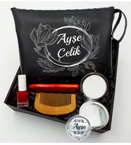 Kişiye Özel Siyah Makyaj Çantası & Makyaj Aynası & Pastel Maskara & Pastel Oje & Tarak