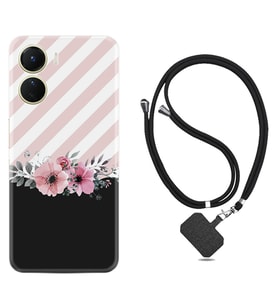 Vivo Y16 Kılıf Resimli Boyun Askılı İpli Desenli Silikon Strip Pink Flowers 1396