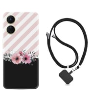 Vivo Y16 Kılıf Resimli Boyun Askılı İpli Desenli Silikon Strip Pink Flowers 1396