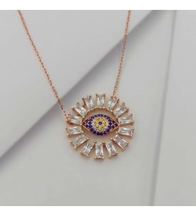 Kadın Rose Baget Taşlı Nazar Boncuğu Sembol Gümüş Kolye 925 Ayar