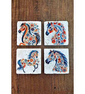 Doğal Taş Bardak Altlığı 4'lü Set 10x10x1 cm Renkli At Baskılı -Stone Coasters