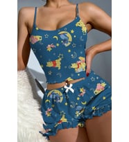 Kadın Fırfır Detaylı Askılı Mini Şortlu Pijama Takımı Kaşkorse Fitilli (Mavi)