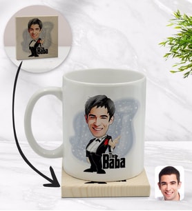 BK Gift Kişiye Özel Baba Godfather Karikatürlü Beyaz Kupa Bardak ve Ahşap Bardak Altlığı Hediye Seti - Model 1