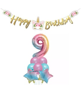 Çiçekli Unicorn 9 Yaş Gökkuşağı Balon Set