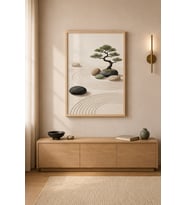 Zen Bahçesi Bonsai ve Taşlar Ahşap Çerçeveli Duvar Tablosu