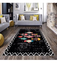 Siyah Balık Desenli Yıkanabilir Kaymaz Taban Leke Tutmaz Modern Salon Halısı ve Yolluk (Çok Renkli)