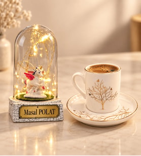 Hayat Ağacı Tasarımlı Premium Kahve Fincanı ve Kişiye Özel Yazılı LED Işıklı Unicornlu Fanus