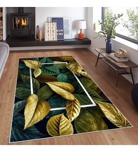 Siyah  Zemin Gold Yaprak Desenli Yıkanabilir Kaymaz Taban Leke Tutmaz Modern Salon Halısı ve Yolluk (Gold-Yeşil)