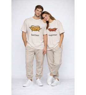 Better Together Baskılı Sevgili Kombini Çift Tişört Oversize Unisex Çift Kombin (Bej)