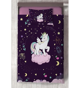 MEKTA HOME BEBEK VE ÇOCUK ODASI Pembe Bulut Üzerinde Unicorn Desenli Mor Yatak Örtüsü