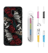 Samsung J6 Plus J7 Prime J7 Pro M20 Kılıf Kablo Koruma Spiral Silikon Skull Rose 1673