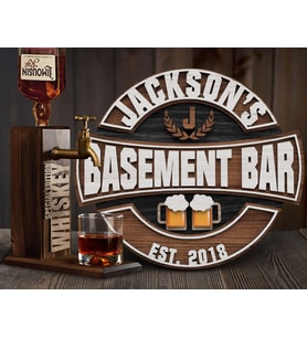 BK Gift Kişiye Özel Ahşap Kabartma İsimli Bar Tabela 35cm ve Musluklu Doğal Ahşap Viski Stand Seti, Özel Bar Tabela, Ev Bar Dekoru, İçki Standı-4