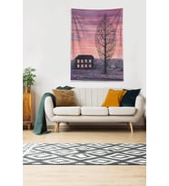 Multirenk Sonbaharda Kulübe Leke Tutmaz Kadife Kumaş Duvar Örtüsü Duvar Halısı Tapestry (Mor)