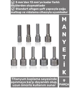 Premium Uzun Ömürlü Aşınmaya Dayanıklı Matkap Vidalama 5 Mm-13 Mm 9 Parça Manyetik Somun Adaptörü