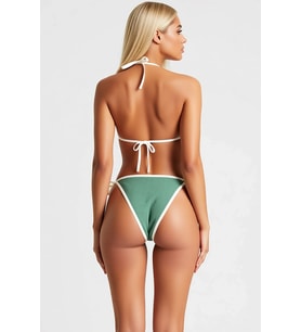 Kadın Bikini Takımı Üçgen Yaka Kolsuz Örme Dokulu Kapsız Üst Yüksek Bel Slip Alt Düz Desenli